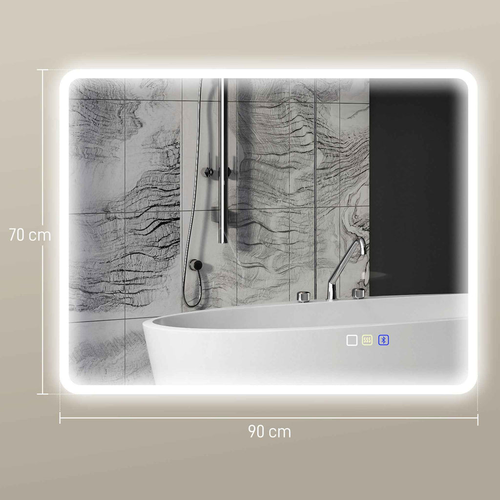 HOMCOM Bluetooth LED Bathroom Mirror, Touch Switch, Adjustable Light, 3 Colors, Anti-Fog, 70 x 90 cm, Silver