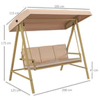3-Seater Swing with Tilting Canopy and Cushions, in Steel and Textilene, 200x125x175 cm, Beige and Brown