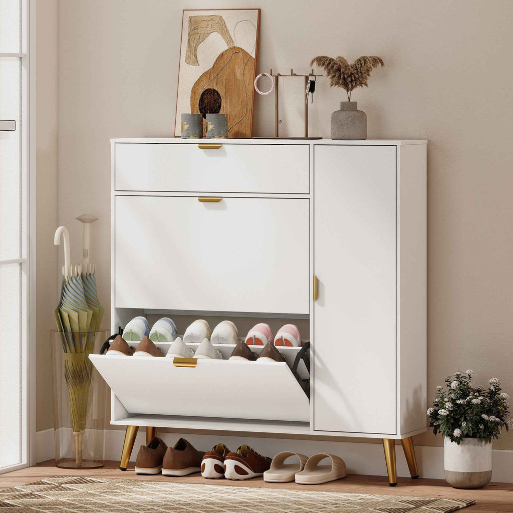 HOMCOM Space-Saving Slim Shoe Rack with Flap Doors, Entryway Shoe Cabinet with Adjustable Shelves, Holds 12 Pairs, White