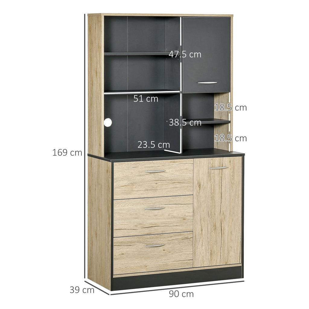 Kitchen Cabinet Modern Space-Saving Sideboard with 2 Cabinets 3 Drawers 3 Shelves Wood 90 x 39 x 169cm Light Oak Grey Color