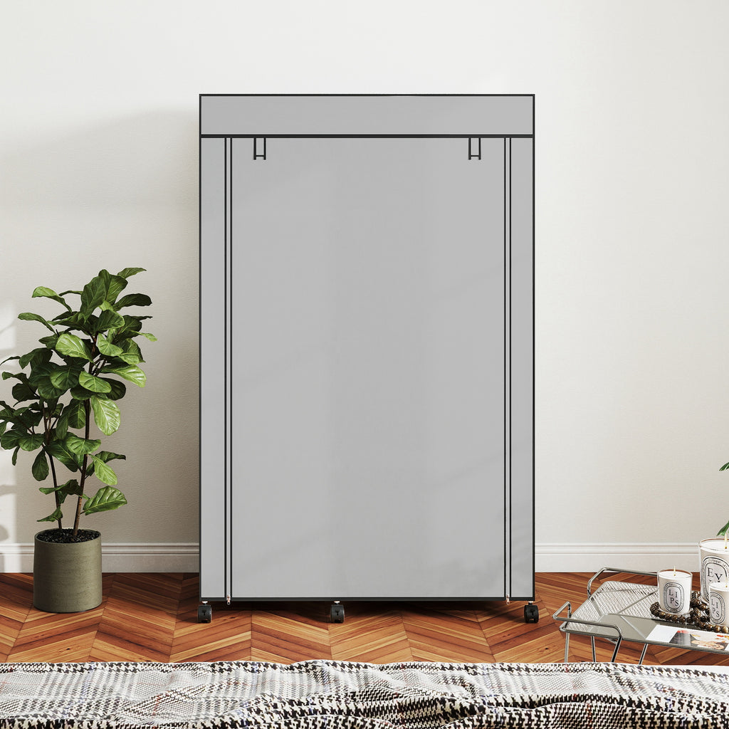 HOMCOM Portable Non-Woven Fabric and Steel Wardrobe with Wheels, 6 Open Shelves, Clothes Hanger, Light Grey