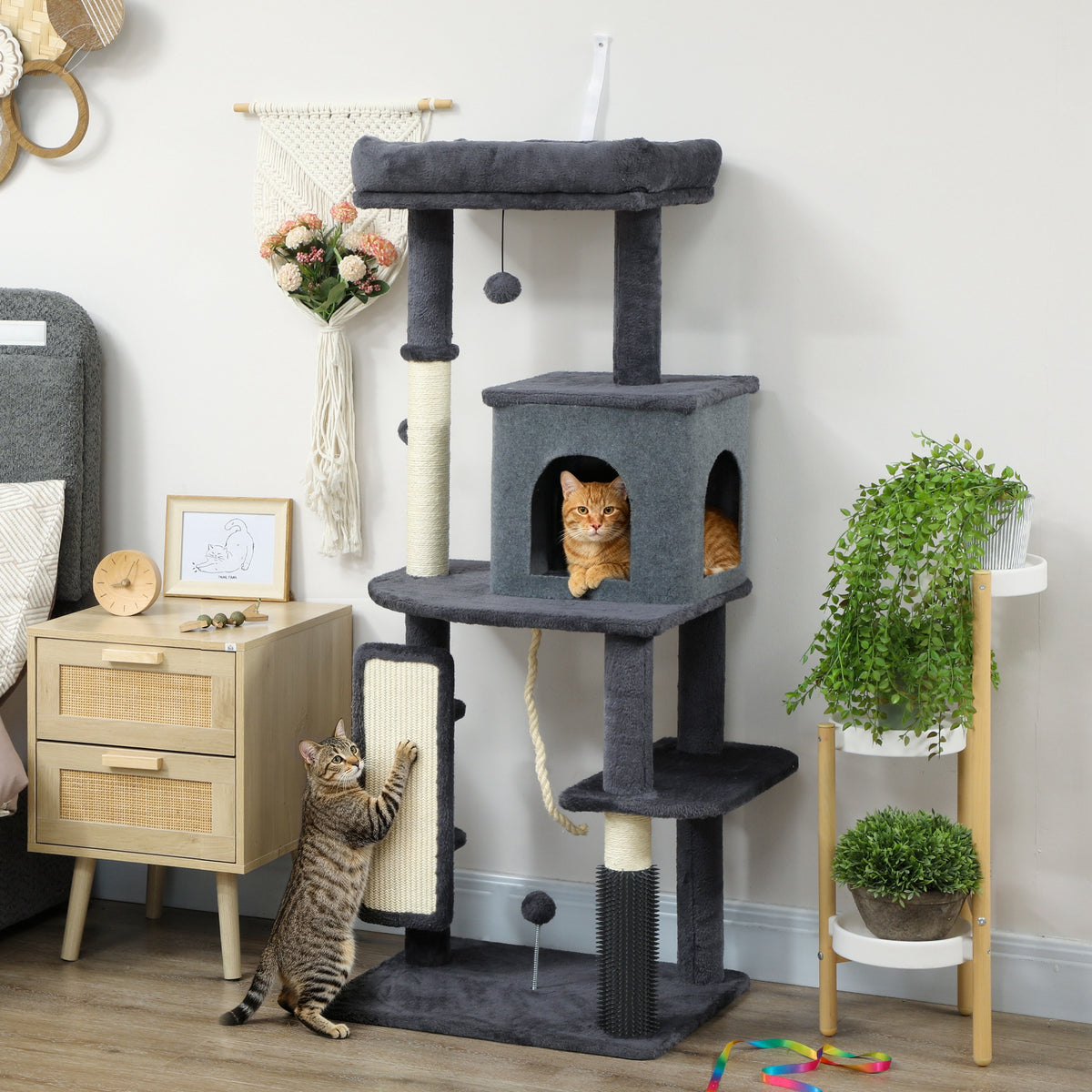 PawHut Multi-Level Cat Tree, 132 cm Tall, with House, Bed, Scratching Posts, Brush and Ball, Dark Grey