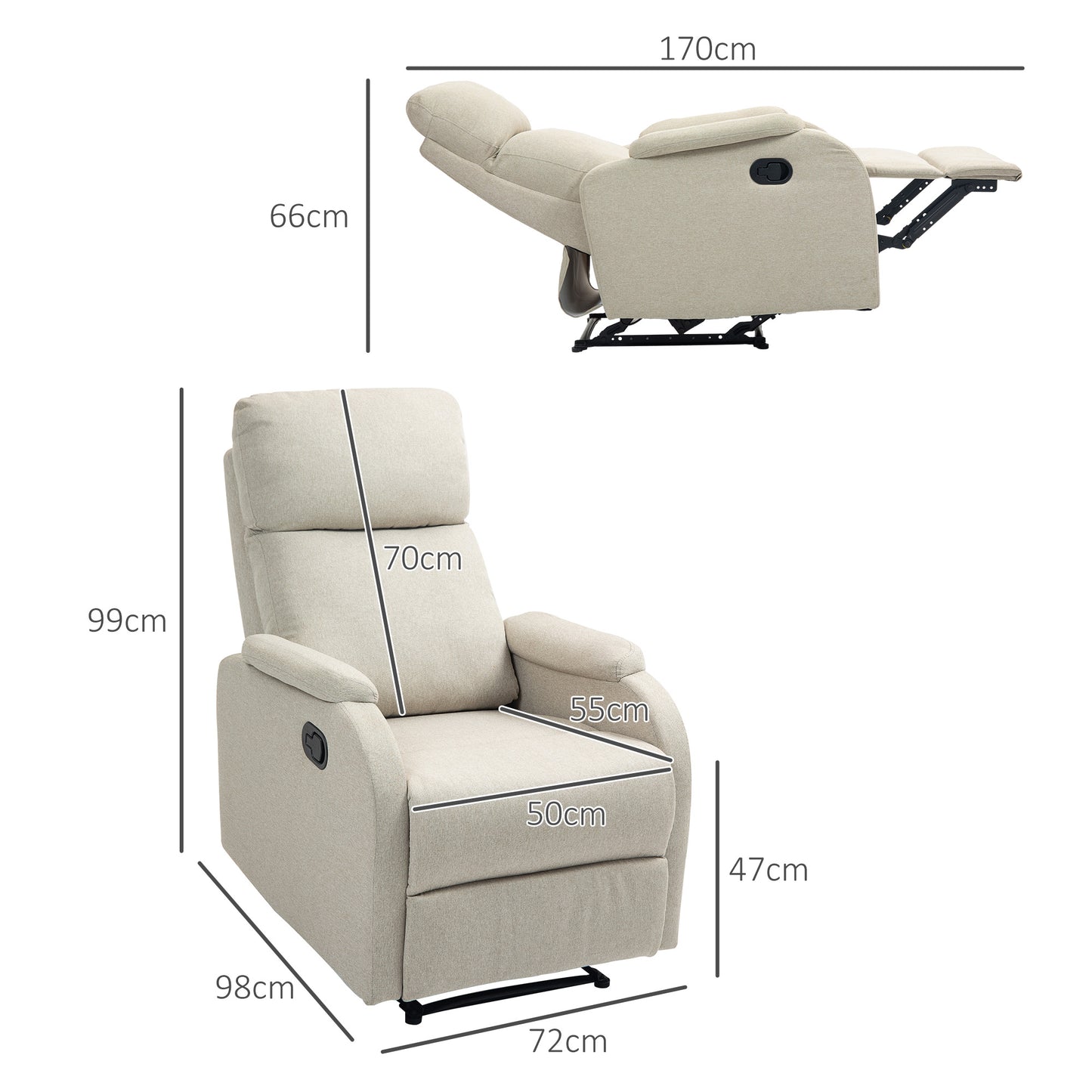 Manual Recliner Relax Armchair with Fabric Footrest and Thick Padding, Beige