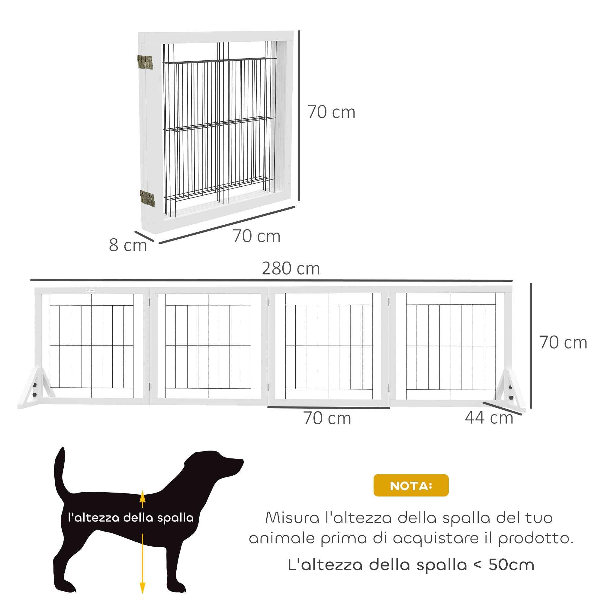 PawHut Folding Dog Gate with 4 Panels and Triangular Feet, 280x70 cm, White