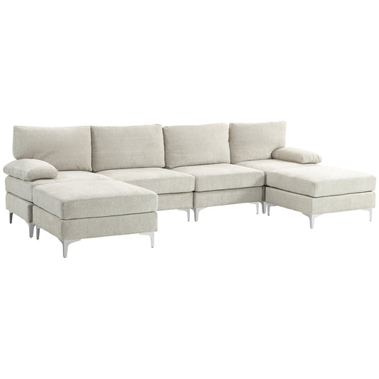 CHIARO | 4 Piece Modular Sofa with Footrest and Cushions, in Chenille Effect Fabric, 313x149x88 cm, Cream White