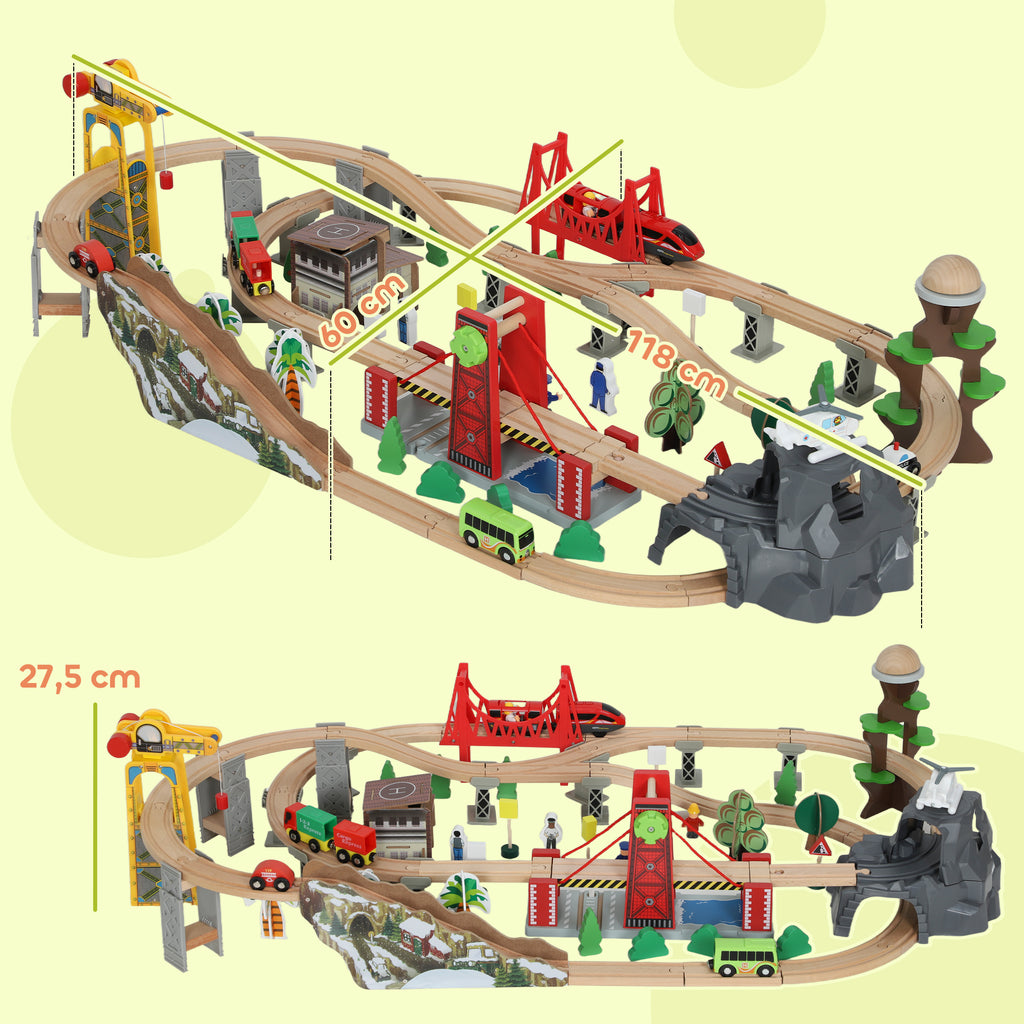 AIYAPLAY Wooden Railway Set, 100 Pieces for Kids Ages 3+ with Magnetic Crane, Trains, Bridge, Helicopter