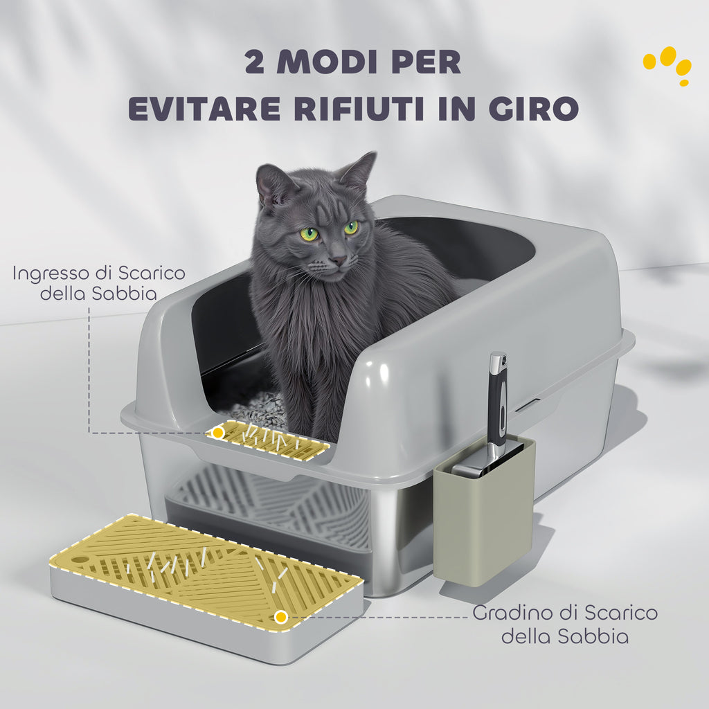 Cat Litter Box with Step, Scoop and Storage Box, in Stainless Steel and ABS, 60.2x40.6x29 cm, Light Grey