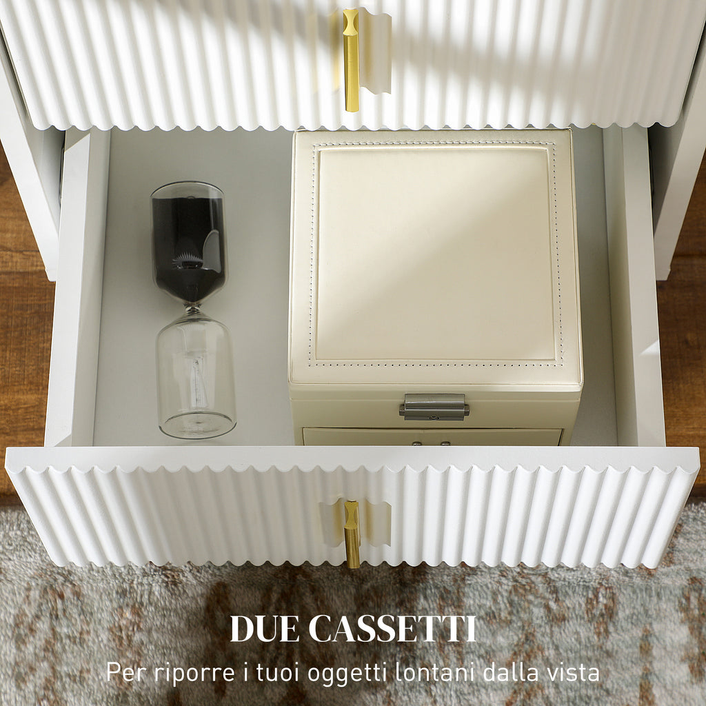 2-Drawer Wooden Nightstand with Metal Handles and Legs, 40x40x47 cm, White and Gold