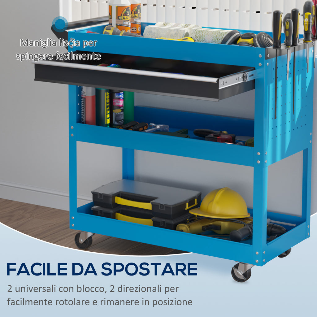 Tool Cart with Side Handle, Drawer and 3 Steel Shelves, 82x35x76 cm, Blue