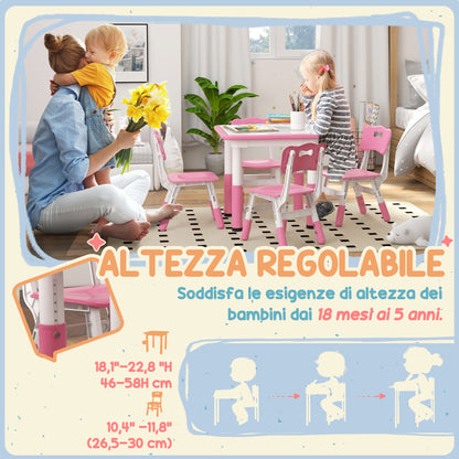 Children's Table and Chair Set 5pcs with 4 Adjustable Chairs 32x36x52. 5-56 cm and Table 60x60x46-58 cm, Pink