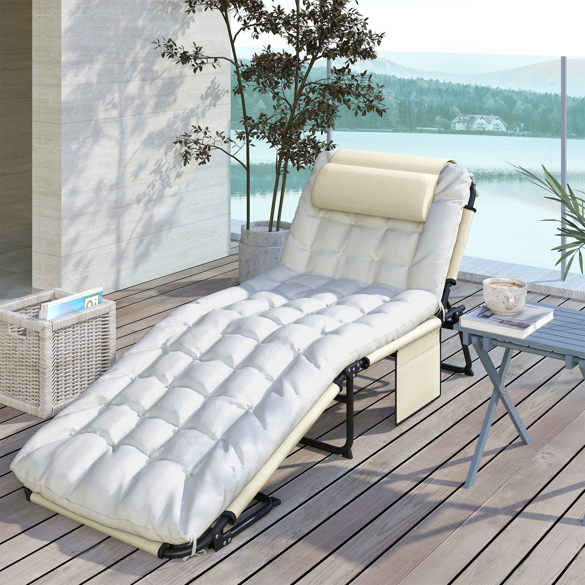Outsunny Folding and Reclining Garden Lounger with Side Pocket, 68x189x30 cm, Beige