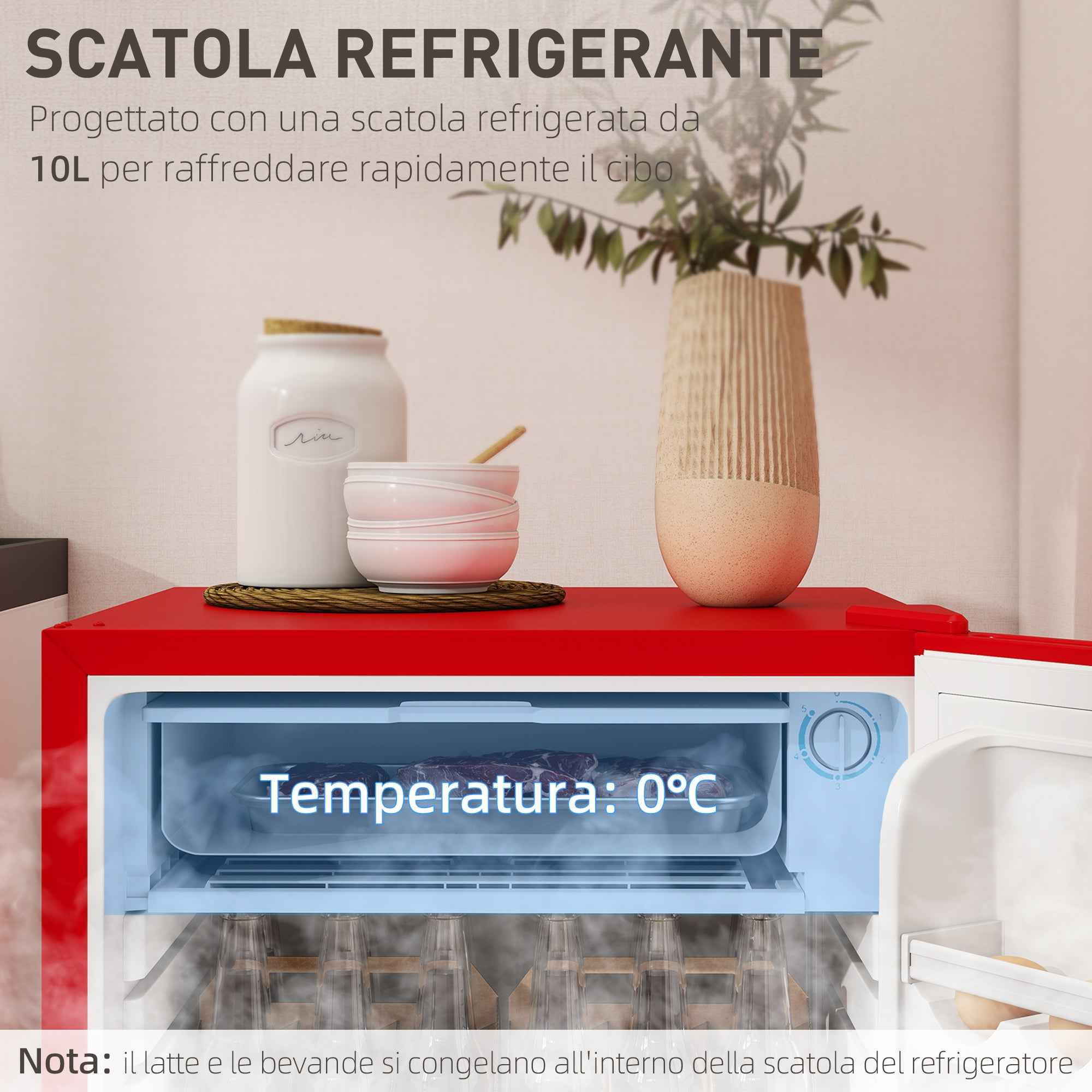 HOMCOM 91L Small Reversible Single-Door Refrigerator with Freezer and Adjustable Temperature, Red