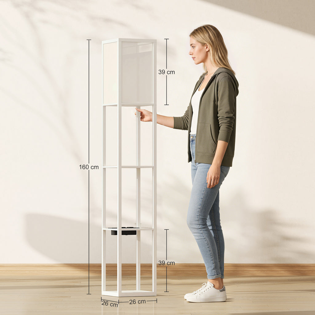 Floor Lamp with Shelves, Dimmable Light, Foot Switch and USB Ports, White