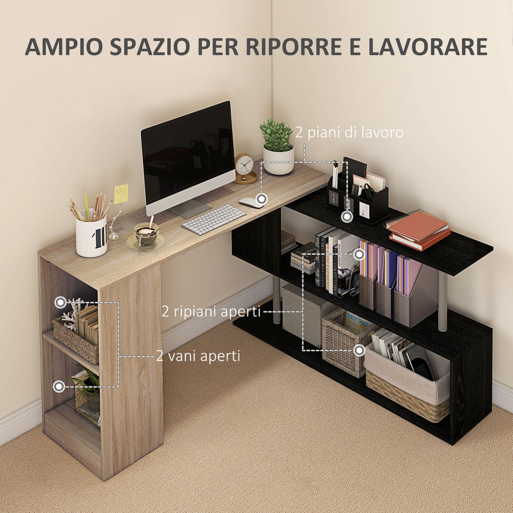 Space-Saving Corner Desk with S-Shaped Shelf, Wooden, 140x120x78 cm, Wood Color