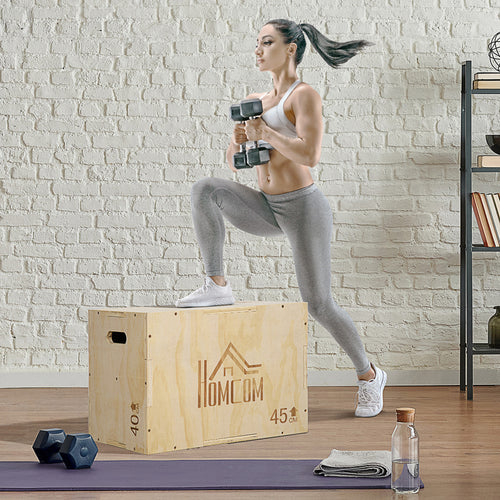 3-Height Adjustable Jump Box for Home and Gym, Beech Wood, 45x40x60 cm