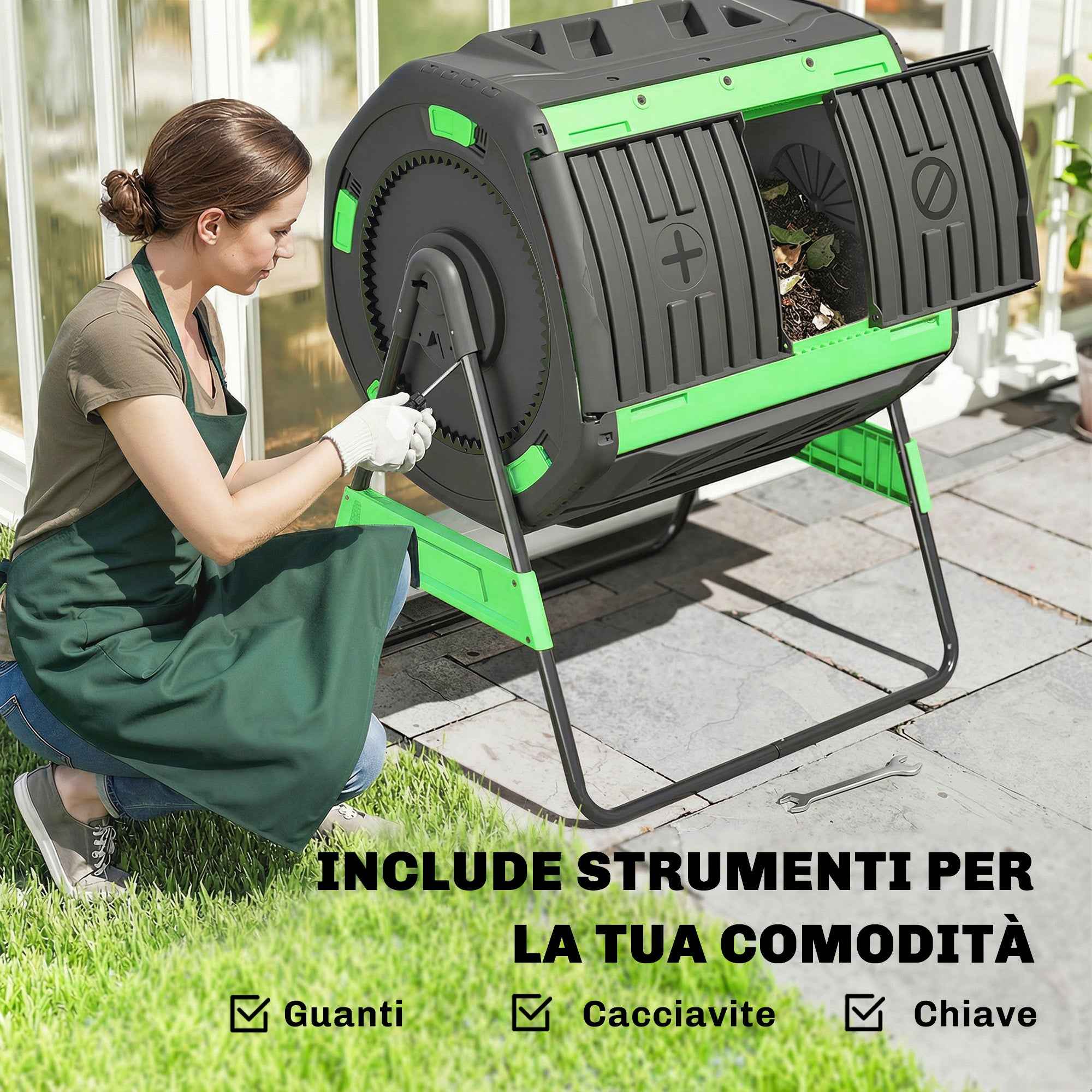 Outsunny 200L Double Chamber Home Composter with 8 Air Vents, PP and Metal, 94x67x98 cm, Green and Black