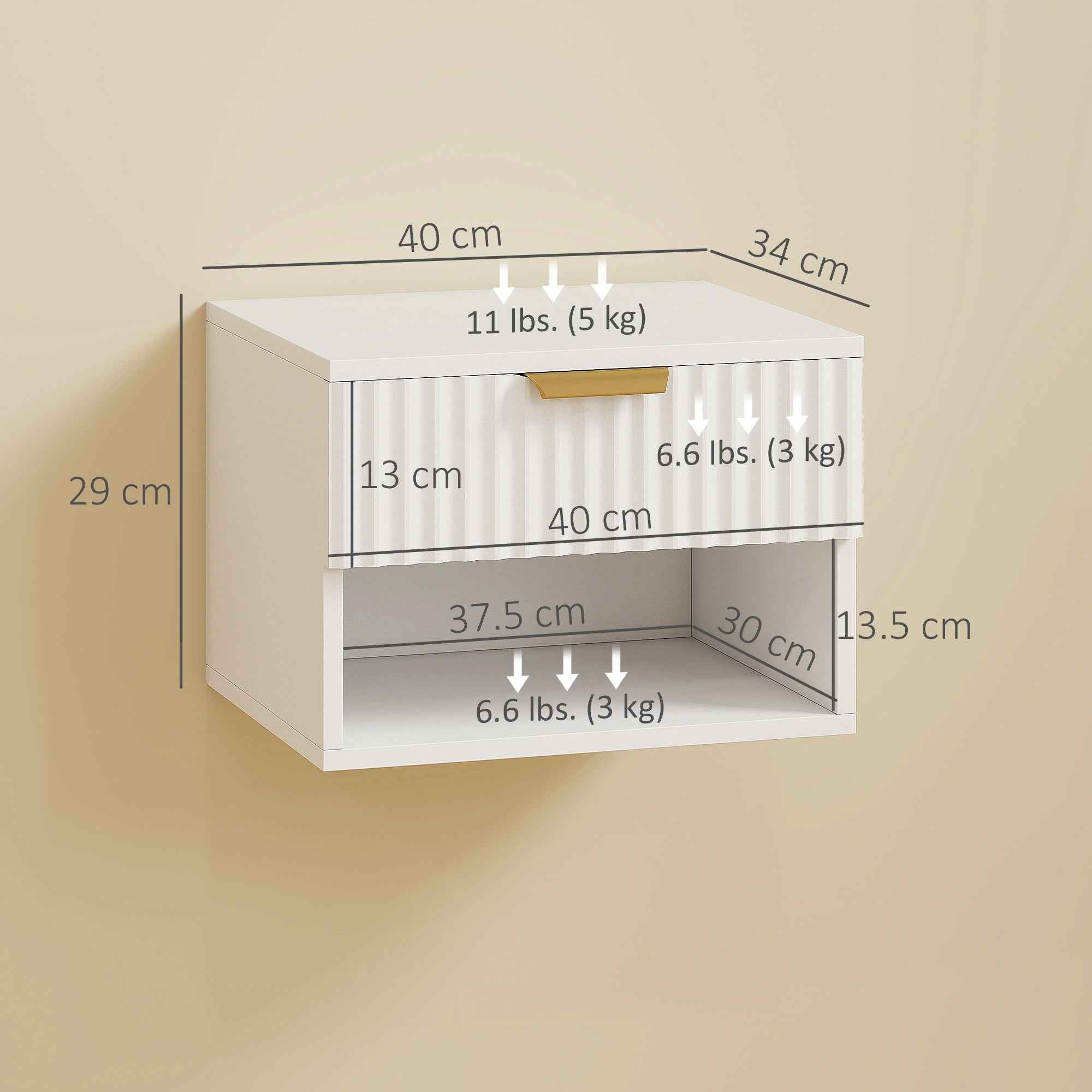HOMCOM Set of 2 Floating Nightstands with Grooved Panels, Drawer and Shelf, 40x34x29 cm, White