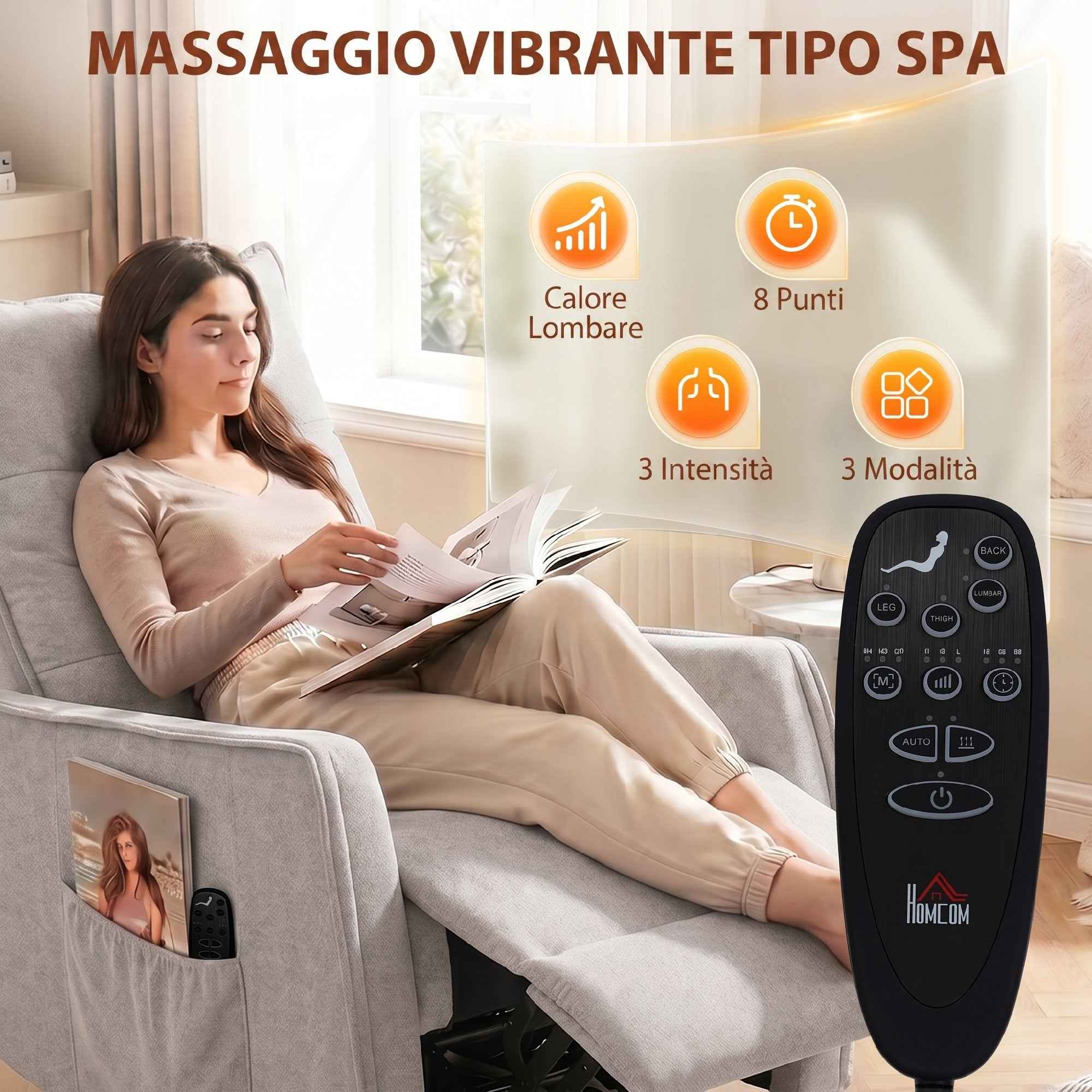 HOMCOM Relaxing Massage and Reclining Chair with Remote Control and Footrest, 71x93x99 cm, in Light Grey Chenille