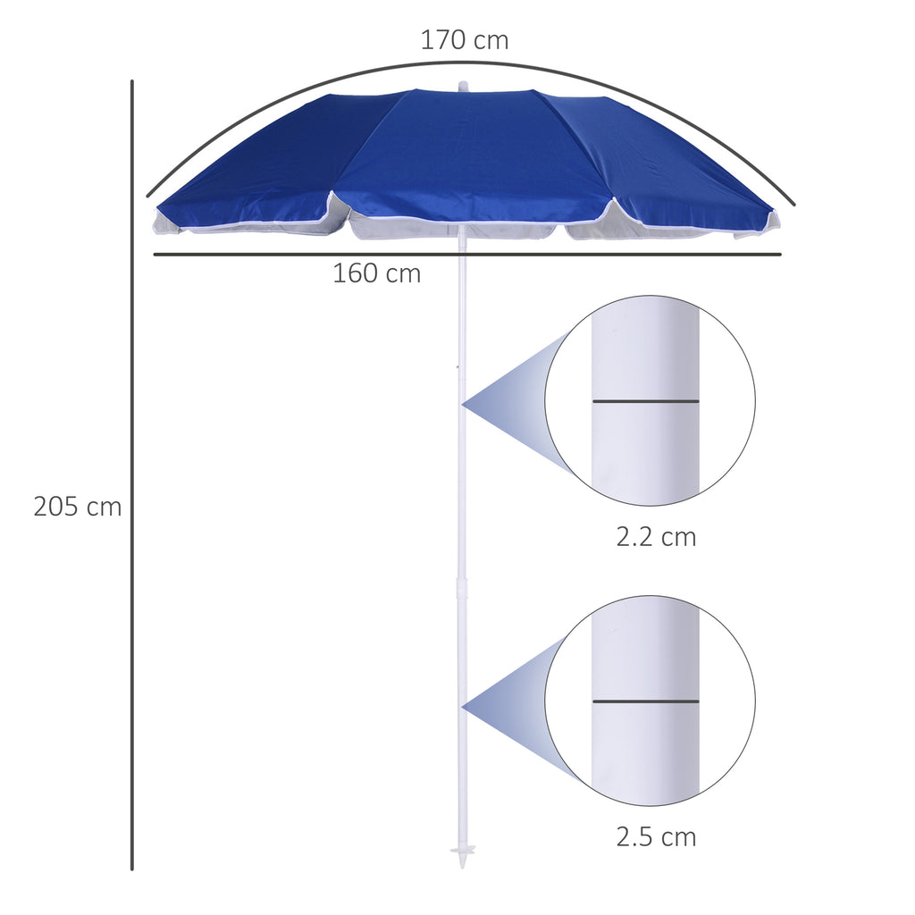 Tilting Beach Umbrella with Reflective Lining, in Steel and Polyester, Ø1.7x2.05 m, Blue