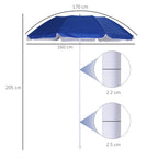 Tilting Beach Umbrella with Reflective Lining, in Steel and Polyester, Ø1.7x2.05 m, Blue