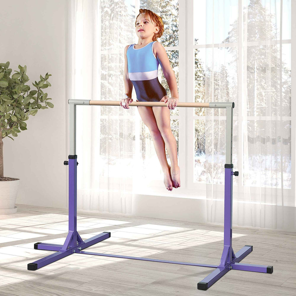 HOMCOM Height-Adjustable Gymnastics Bar for Children Ages 3+, Made of Steel and Solid Beech Wood, Purple
