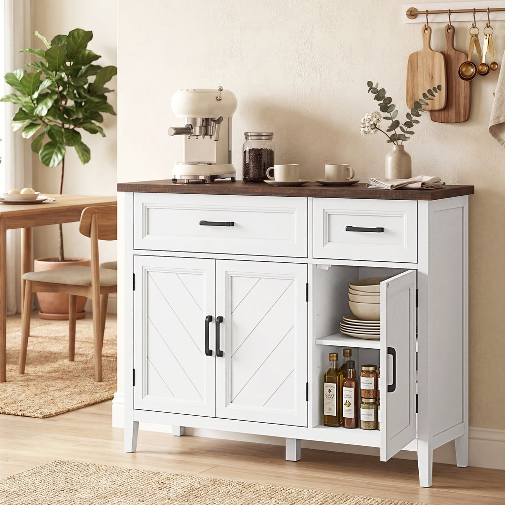 HOMCOM Wooden Kitchen Sideboard with 3 Barn Doors, 2 Drawers and 2 Adjustable Shelves, White