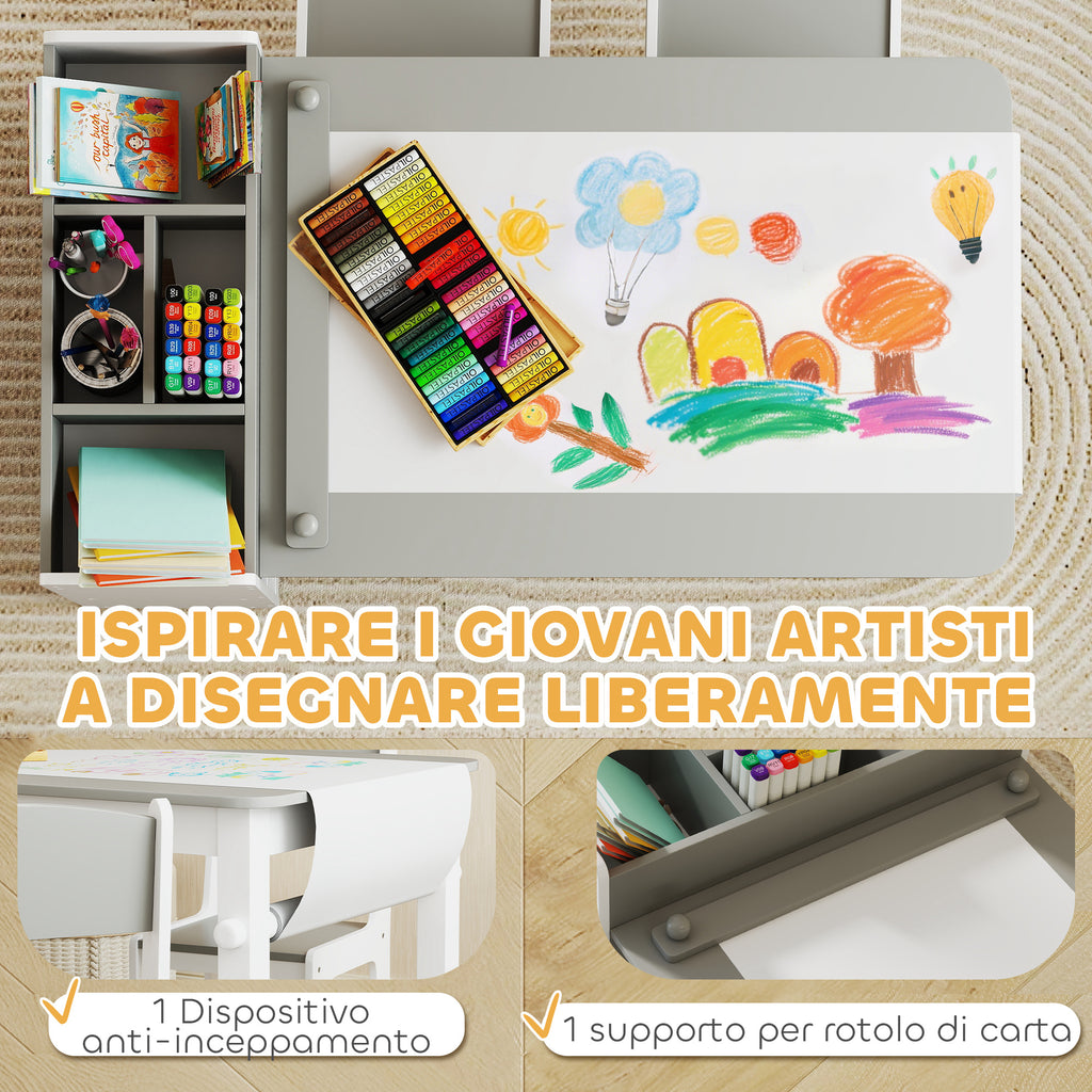 Children's Table and Chair Set with 2 Chairs and Storage Table, Made of Wood and Non-Woven Fabric, Grey and White