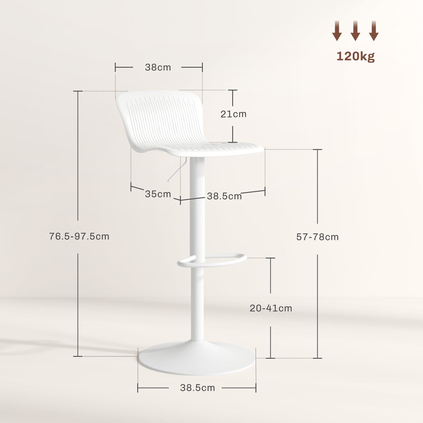 Set of 2 Bar Stools with Backrest, Swivel and Height-Adjustable, Polypropylene, White