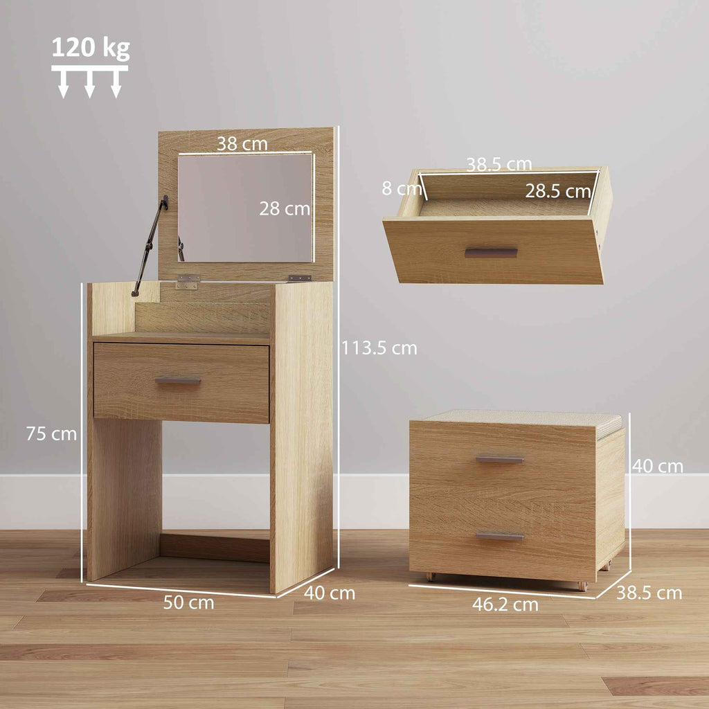 Dressing Table with Folding Mirror, Drawers and Stool, in Wood and Linen Effect Fabric, Wood Color