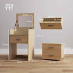 Dressing Table with Folding Mirror, Drawers and Stool, in Wood and Linen Effect Fabric, Wood Color