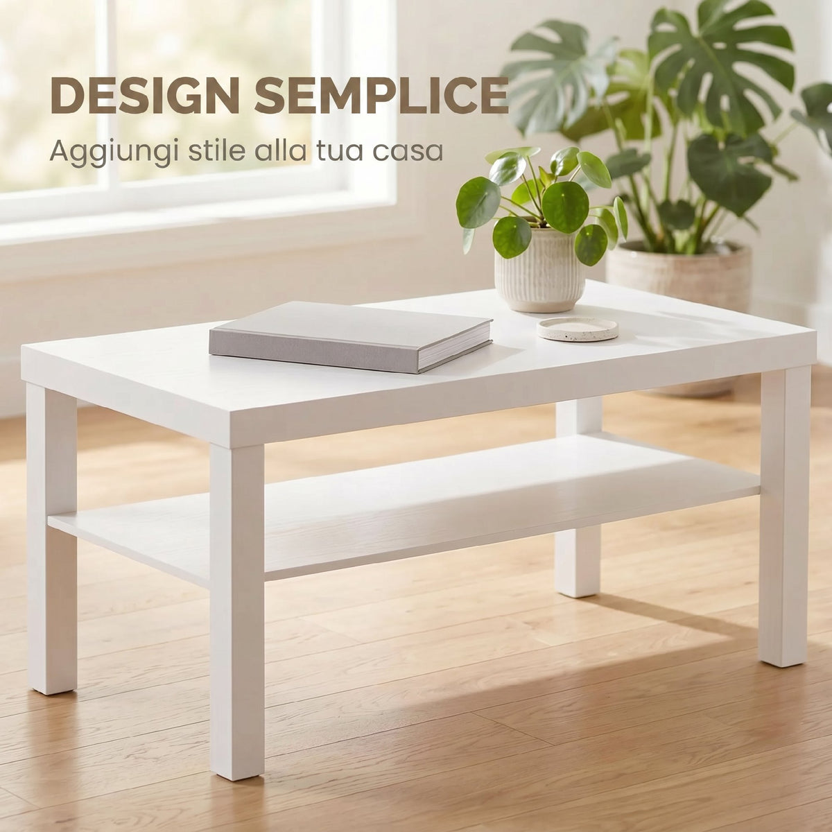 HOMCOM Rectangular Coffee Table with Large Shelf, 90×45×44.5 cm, White