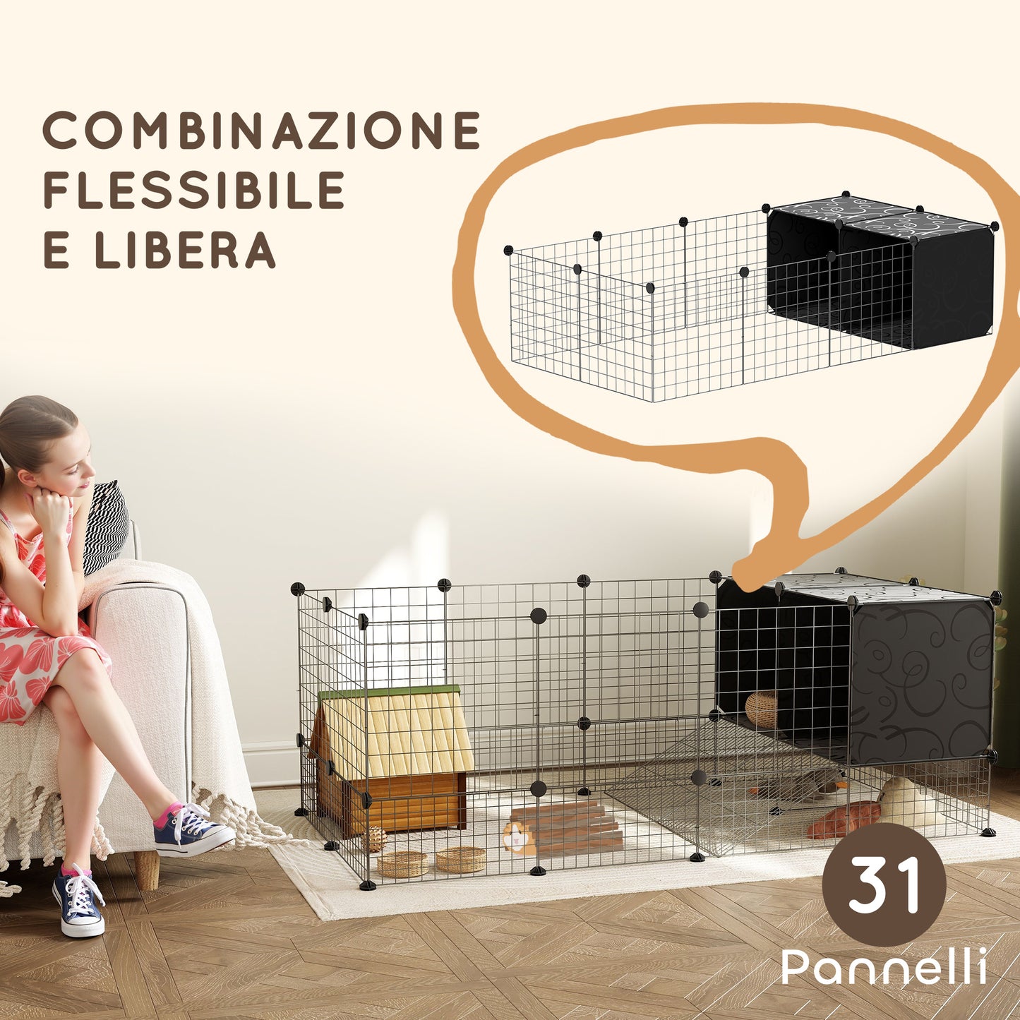 Modular Small Animal Cage with Raised Houses for Guinea Pigs and Hedgehogs, Black