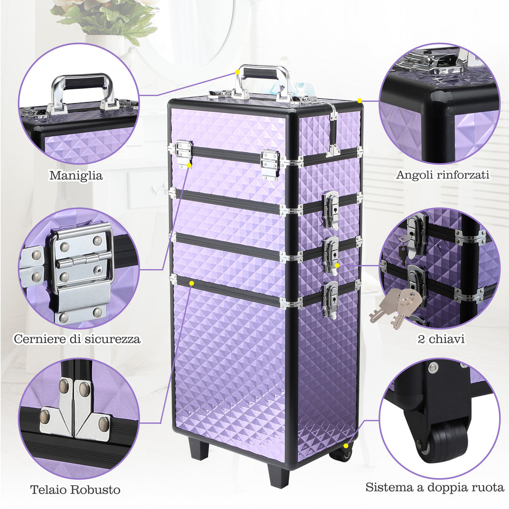 Professional Makeup Case, Aluminum Travel Makeup Trolley, 2 Wheels, Purple 33.5x23x76/95.5cm
