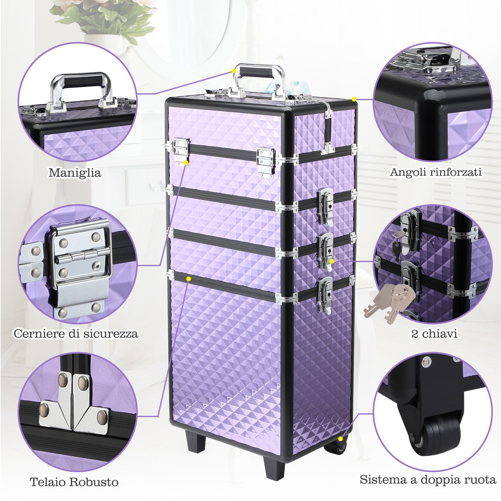 Professional Makeup Case, Aluminum Travel Makeup Trolley, 2 Wheels, Purple 33.5x23x76/95.5cm