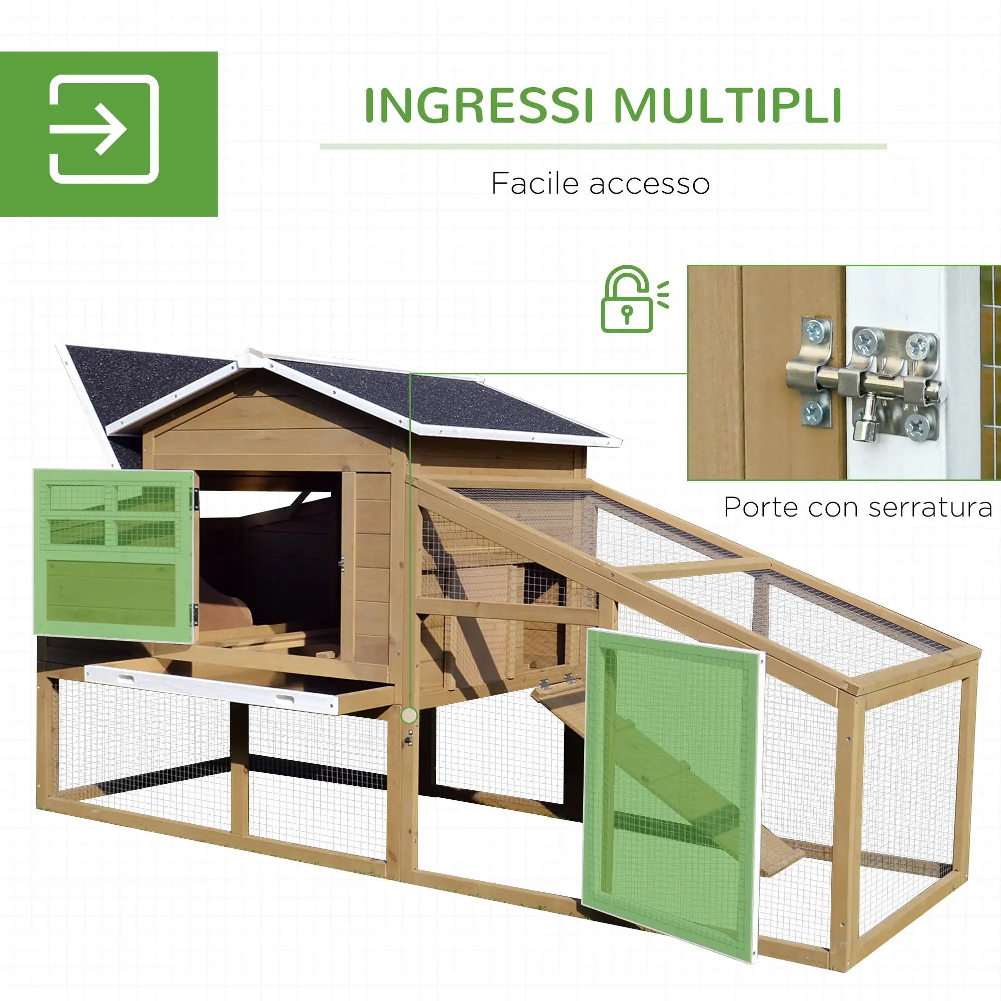 Outdoor Chicken Coop with Running Area, Outdoor Chicken Coop with Nesting Area and Pull Out Wooden Garden Tray, 200x80x105 cm - Borge' Group Limited