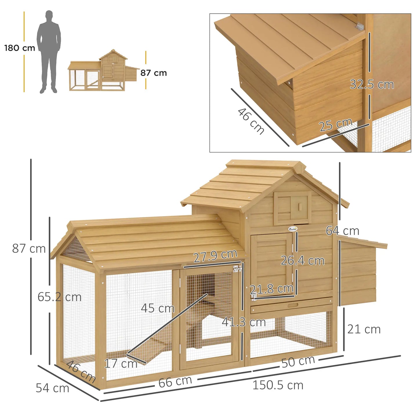 Prefabricated Wooden Chicken Coop for 2 Chickens with Run and Nest for Brooding, 150.5x54x87cm