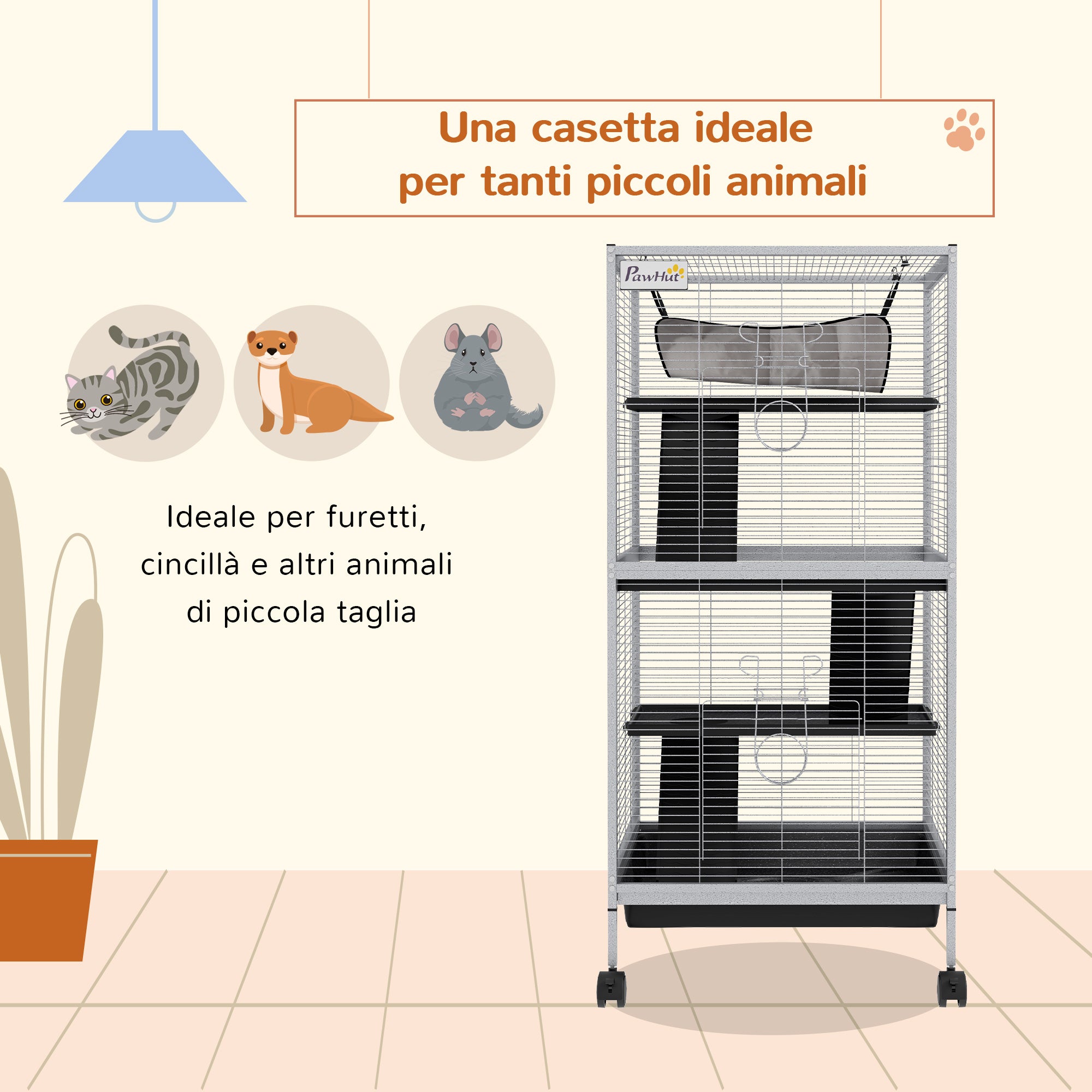 Steel Guinea Pig and Chinchilla Cage with 3 Levels, Wheels and Removable Tray, Light Grey