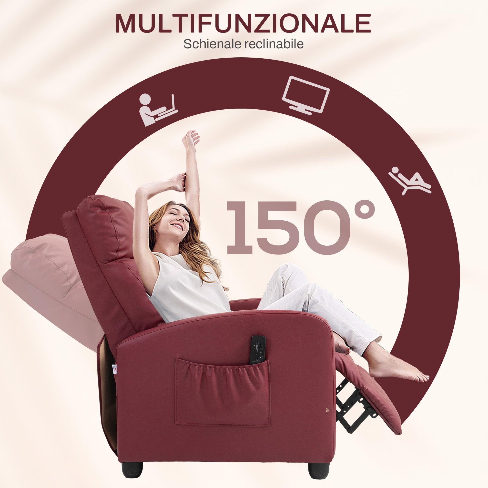 Massage Relax Chair with Remote Control and 8 Programs, Reclining and Footrest, Red