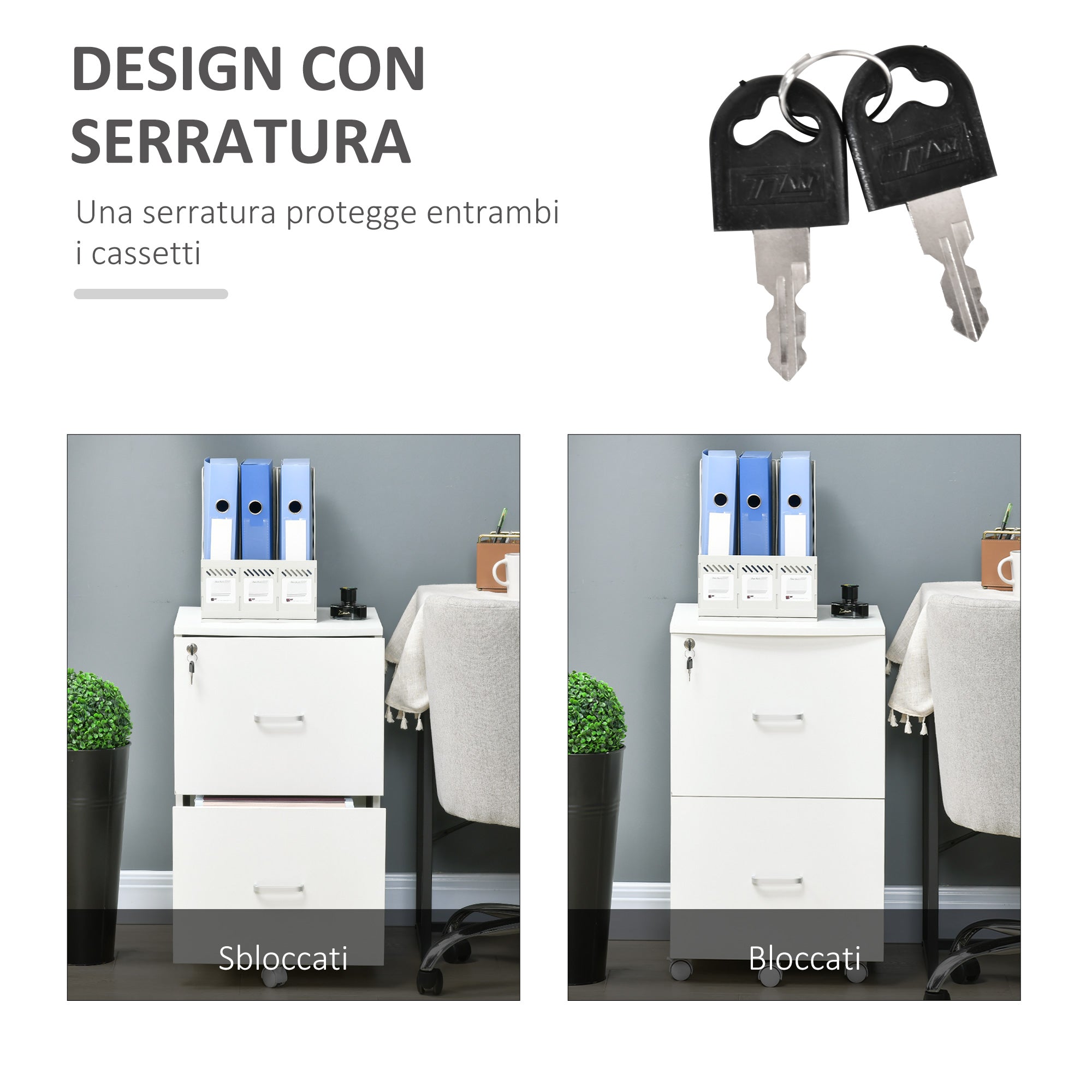 Office Cabinet with 2 Drawers and 5 Wheels, MDF and Chipboard File Cabinet, 43x45x72 cm, White