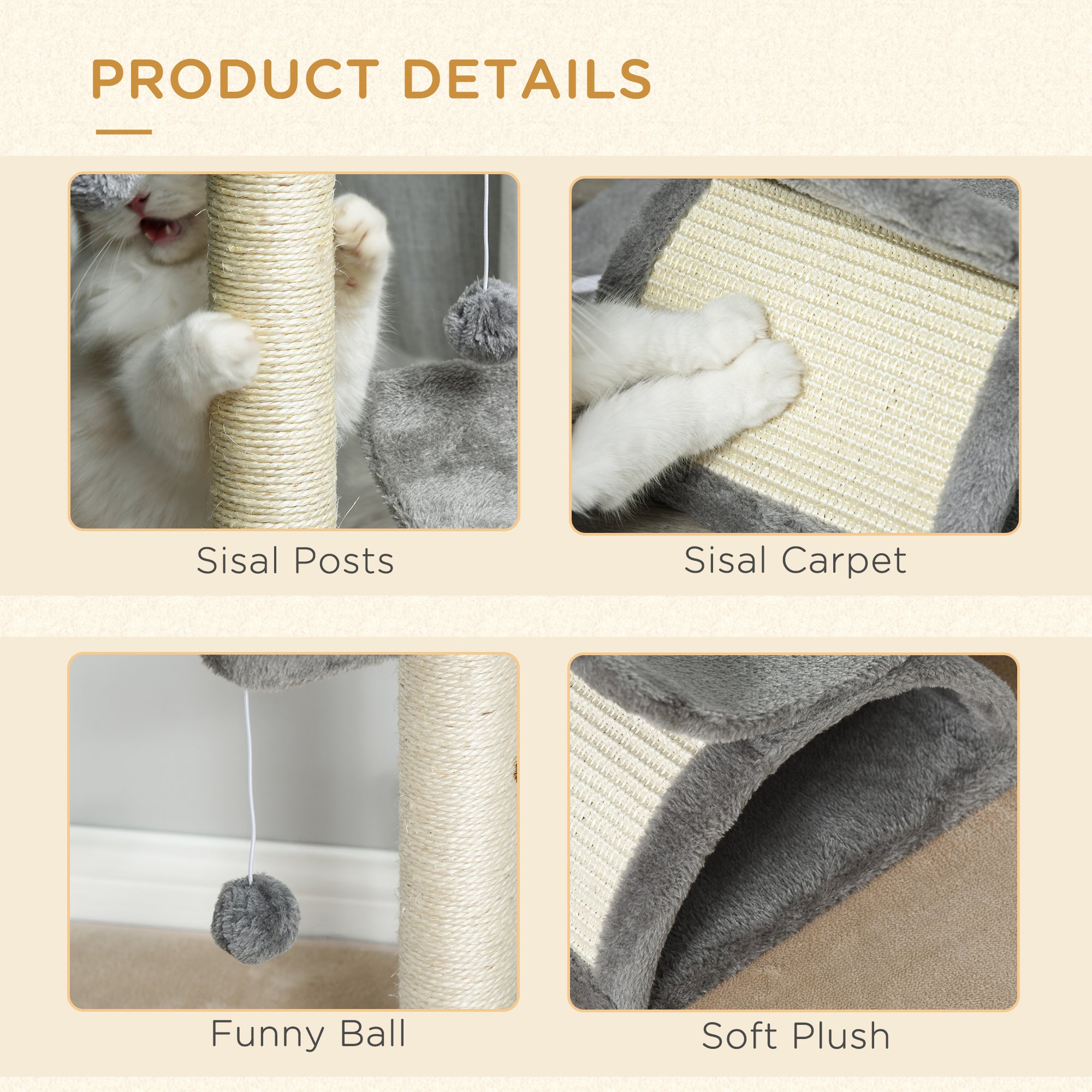 Plush Cat Scratching Tree with Sisal Pole, Kennel and 2 Balls, 40x30x43cm, Gray - Borgè