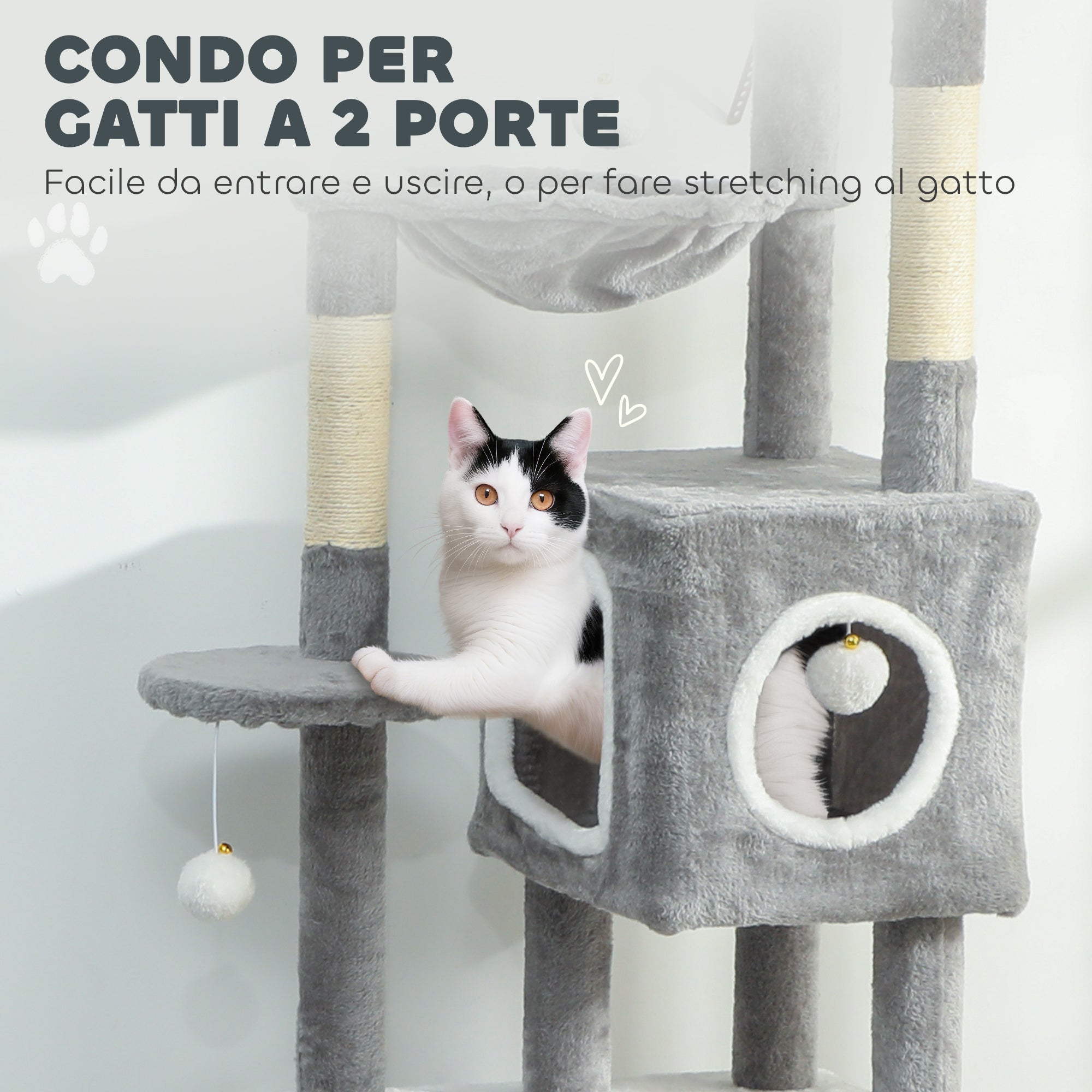 Cat Tree with 2 Cat Houses, Ramp, Perches and 4 Balls, 48x40x165 cm, Grey and White