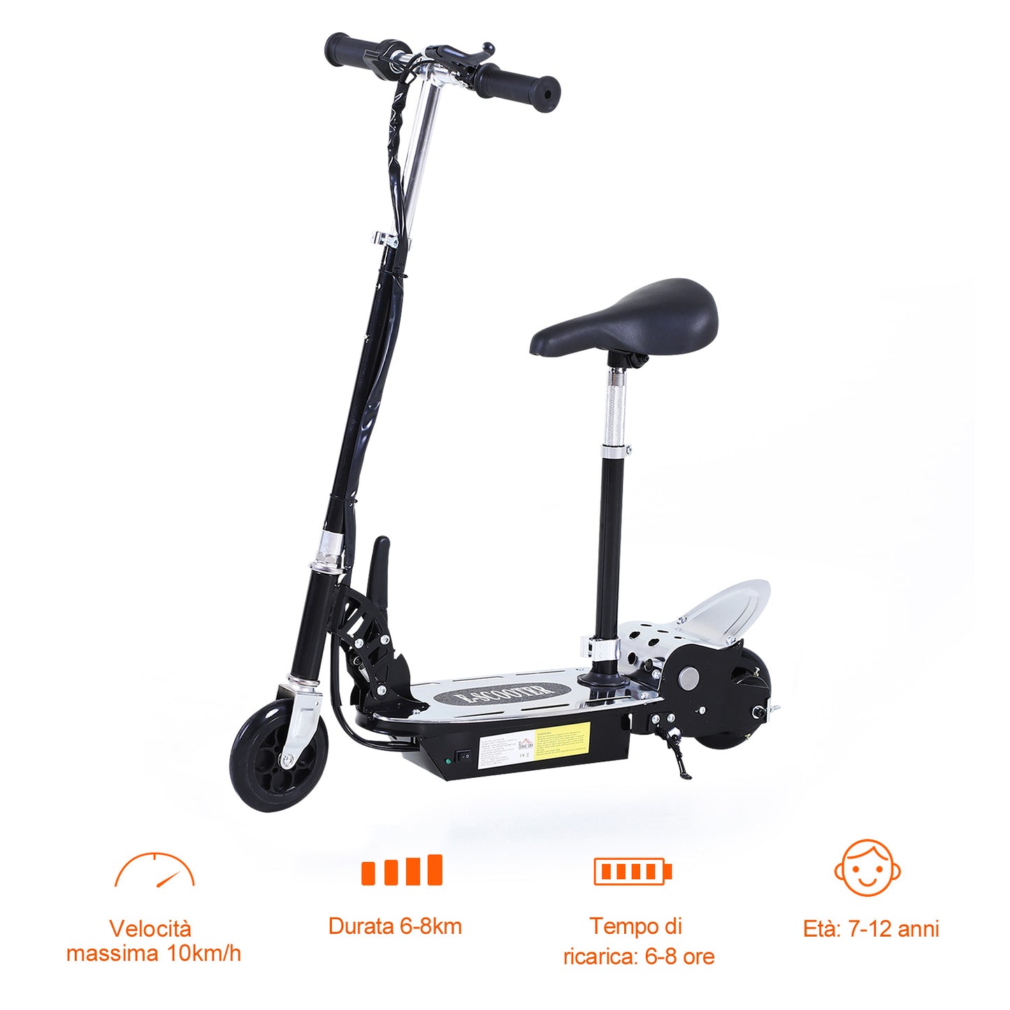 HOMCOM Folding Electric Scooter with Saddle, 2 Wheels and Adjustable Handlebar, Children 7-12 Years, 81.5x38x94cm, Black - Borgè