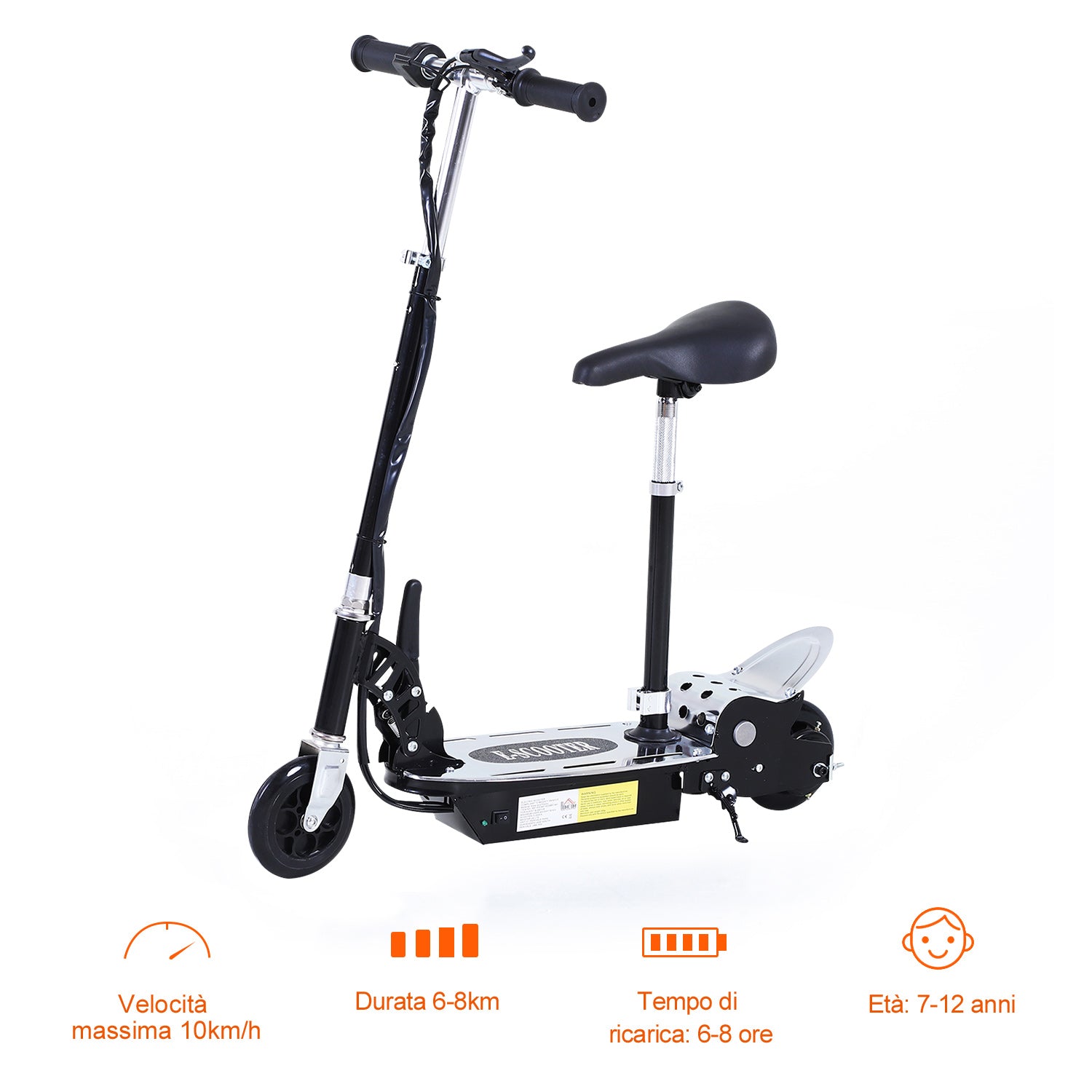 HOMCOM Folding Electric Scooter with Saddle, 2 Wheels and Adjustable Handlebar, Children 7-12 Years, 81.5x38x94cm, Black - Borgè