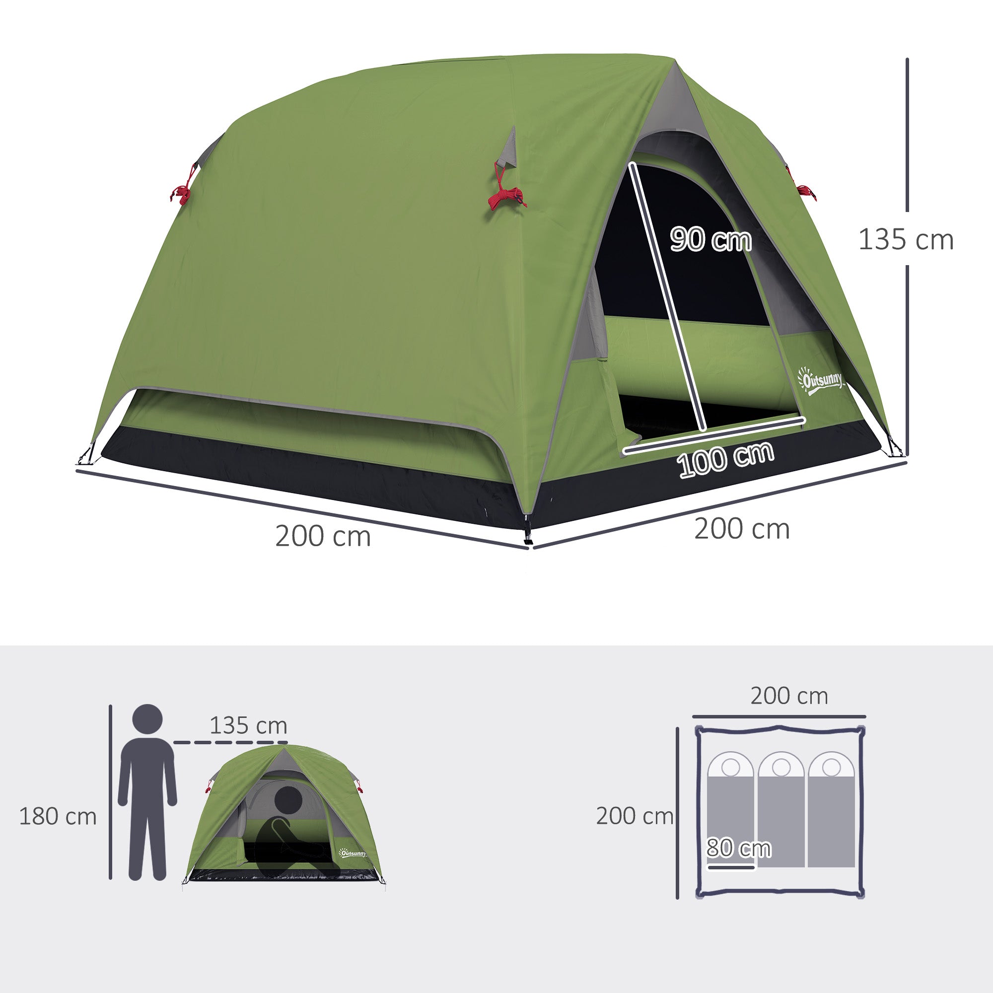 Waterproof 3-Person Camping Tent with Pocket, Lantern Hook and Bag, 2x2x1.35m, Green