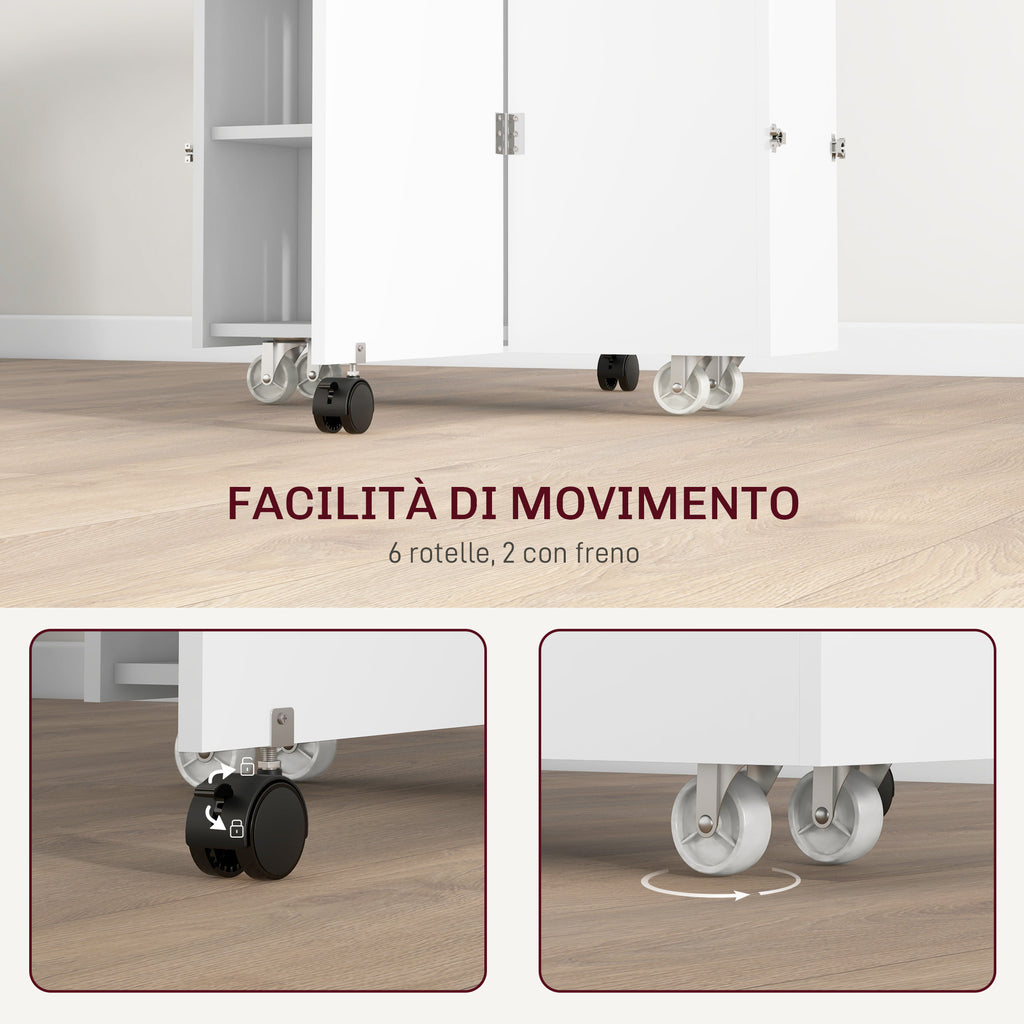 HOMCOM Folding Leaf Table with 3-Level Shelves, Box and Wheels, in MDF, 130x80x76.5 cm, White - Borgè