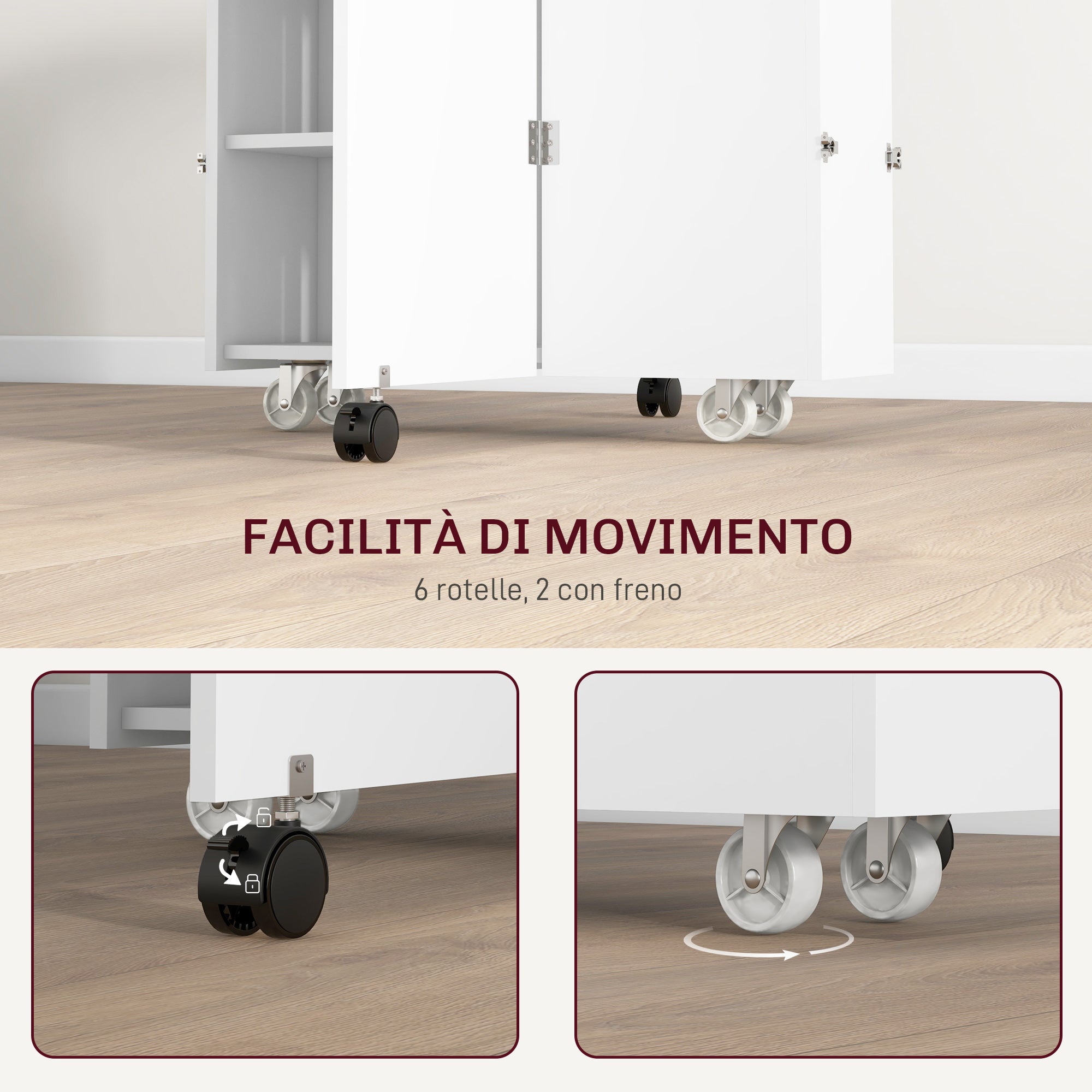 HOMCOM Folding Leaf Table with 3-Level Shelves, Box and Wheels, in MDF, 130x80x76.5 cm, White - Borgè
