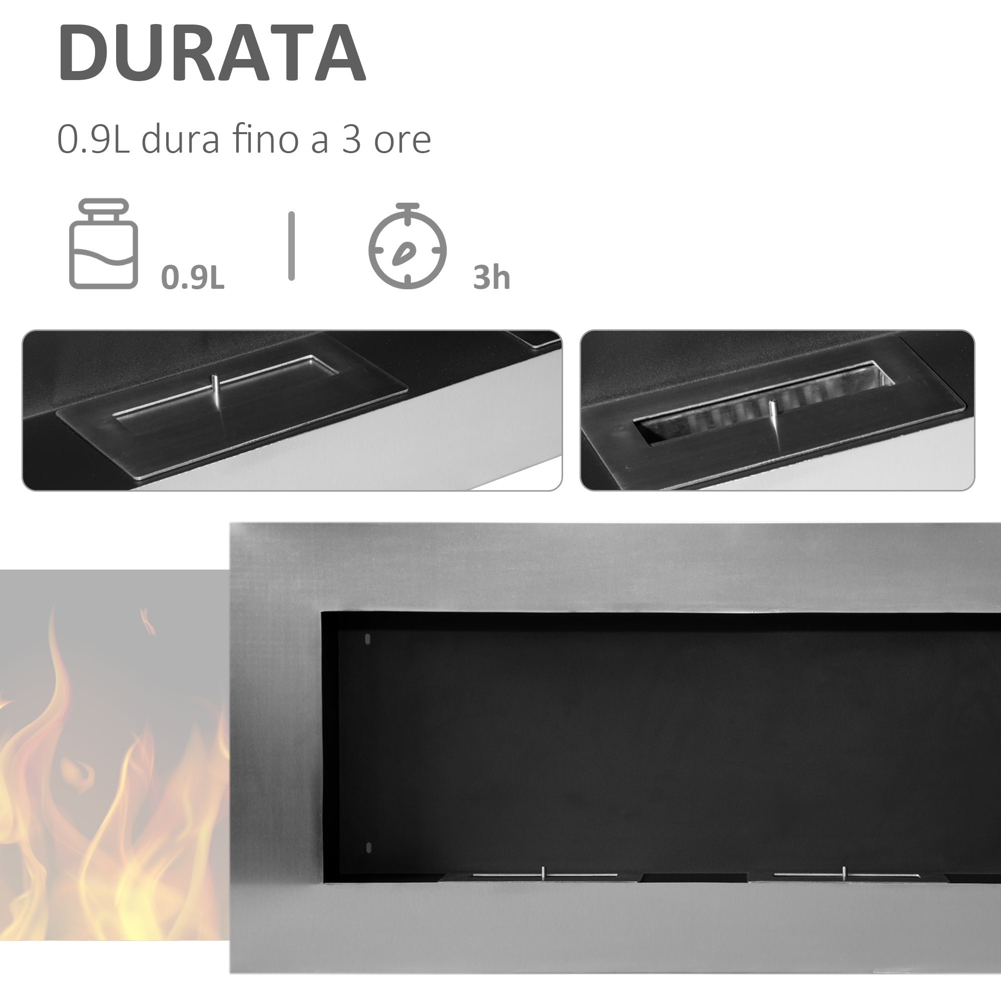 Wall-Mounted Bioethanol Fireplace Made of Stainless Steel with 2 Burners 0.9LT 110 x 54 x 14cm