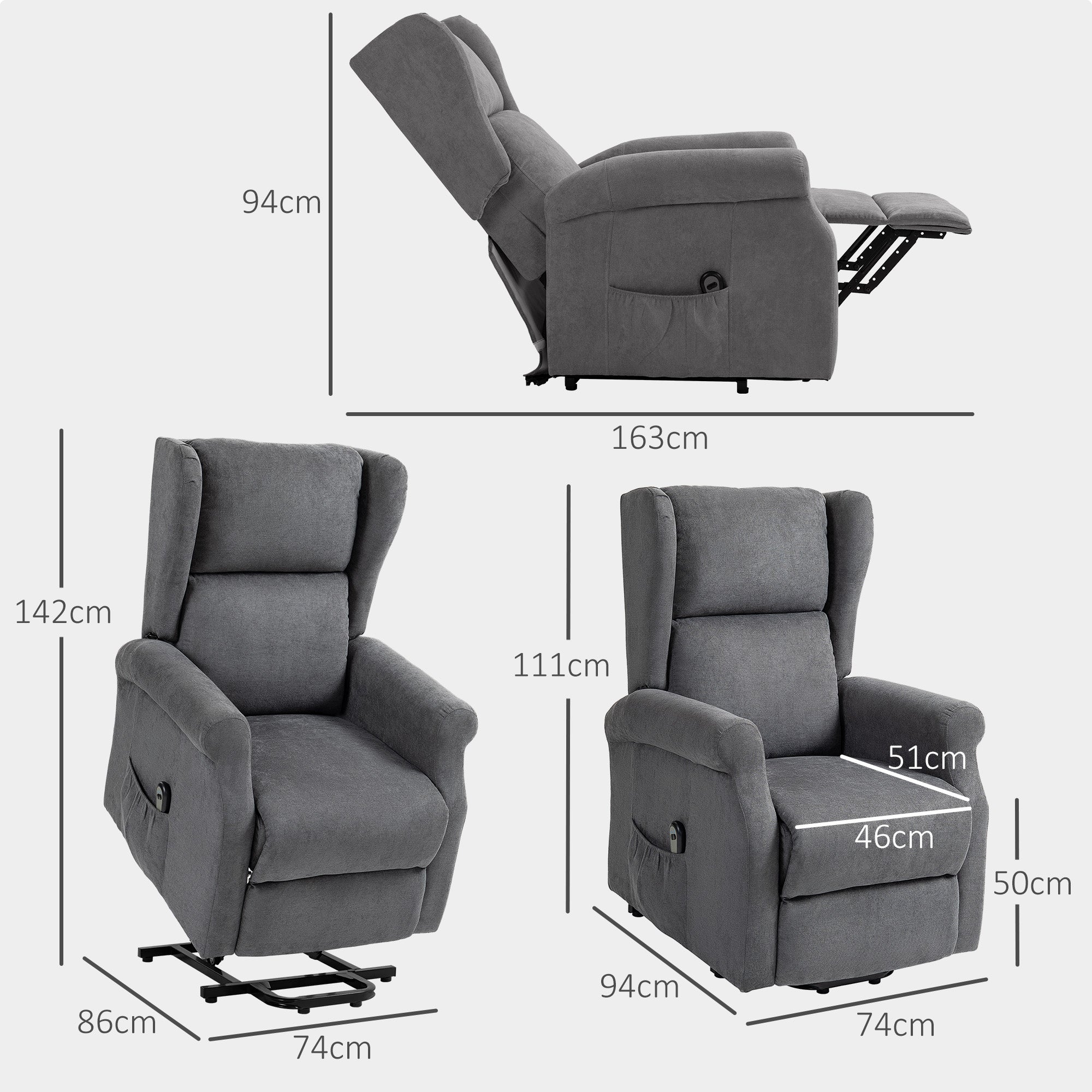 Reclining Chair Lift with Remote Control, in Linen Effect Fabric, 74x94x111 cm, Dark Grey