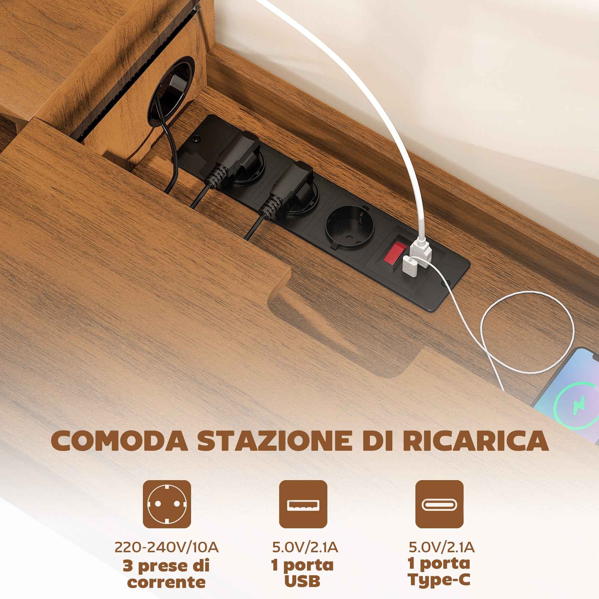 HOMCOM Wall-Mounted TV Stand for up to 50" with Power Sockets, USB and Type-C, Drawer and Shelves, 120x24x22.4 cm, Walnut