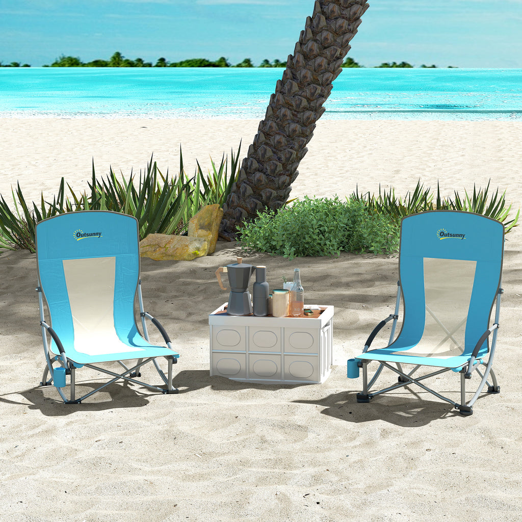Set of 2 Folding Beach Chairs with Armrests, Cup Holder and Carrying Bag, Blue